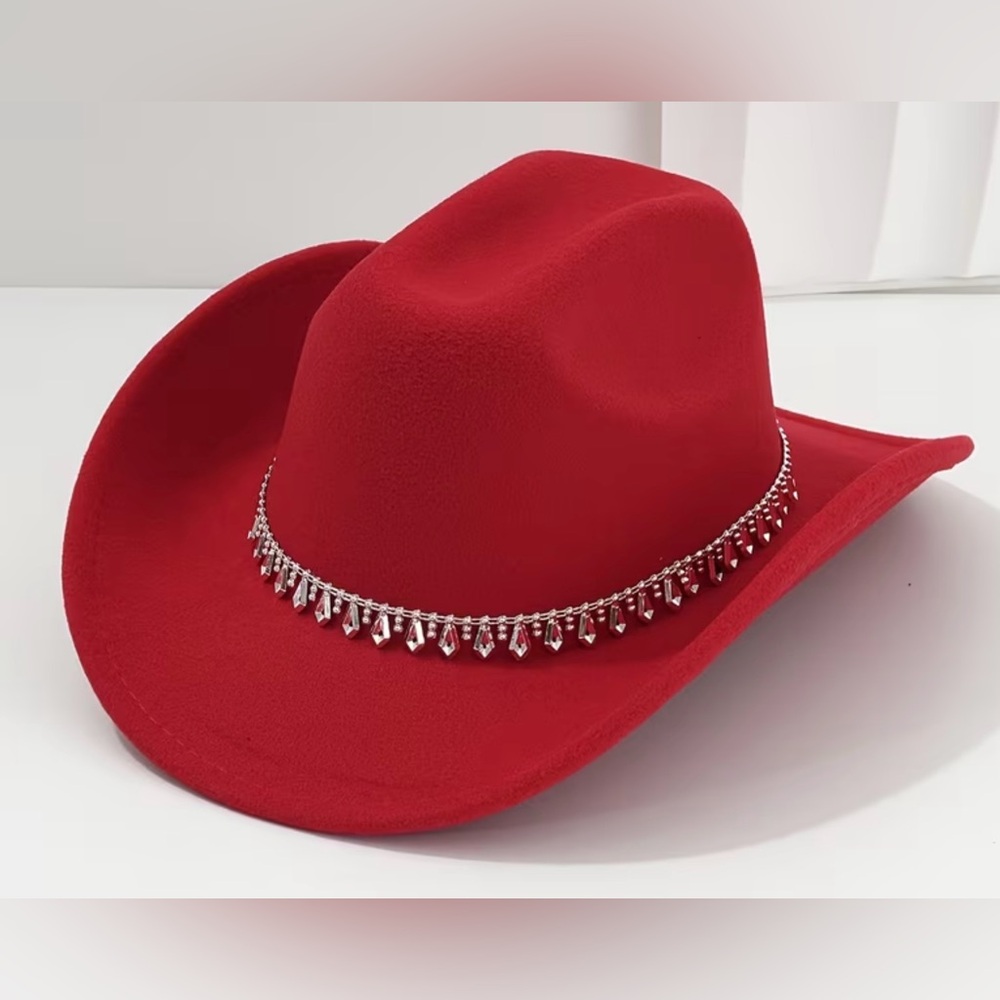 Red Women's Felt Cowboy Hat with Rhinestone Accent